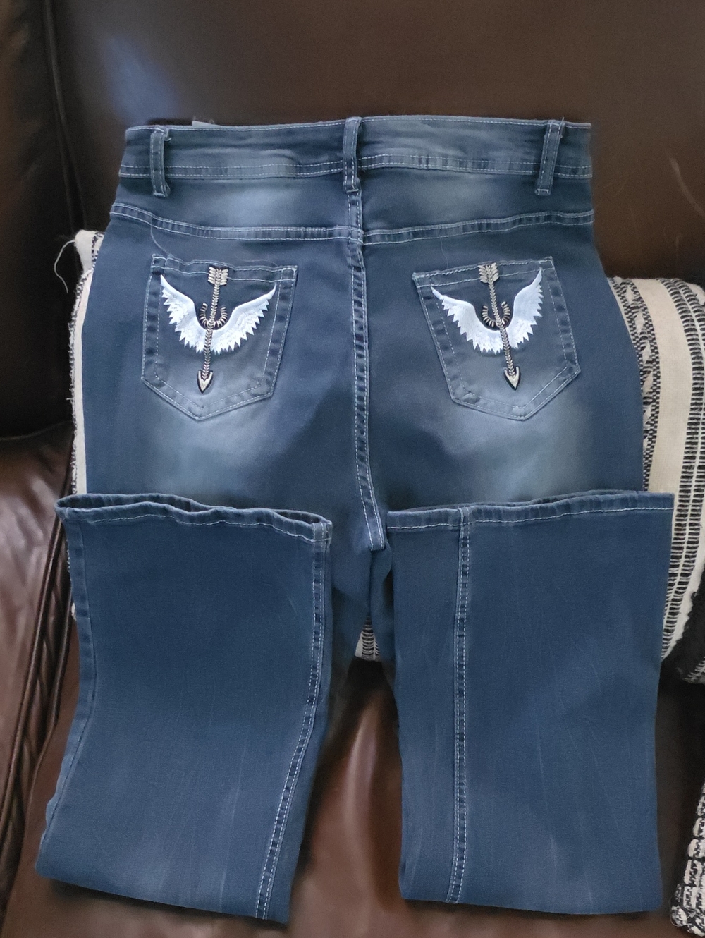 Women’s Dark Blue & Faded Embroidered Pocket Jeans